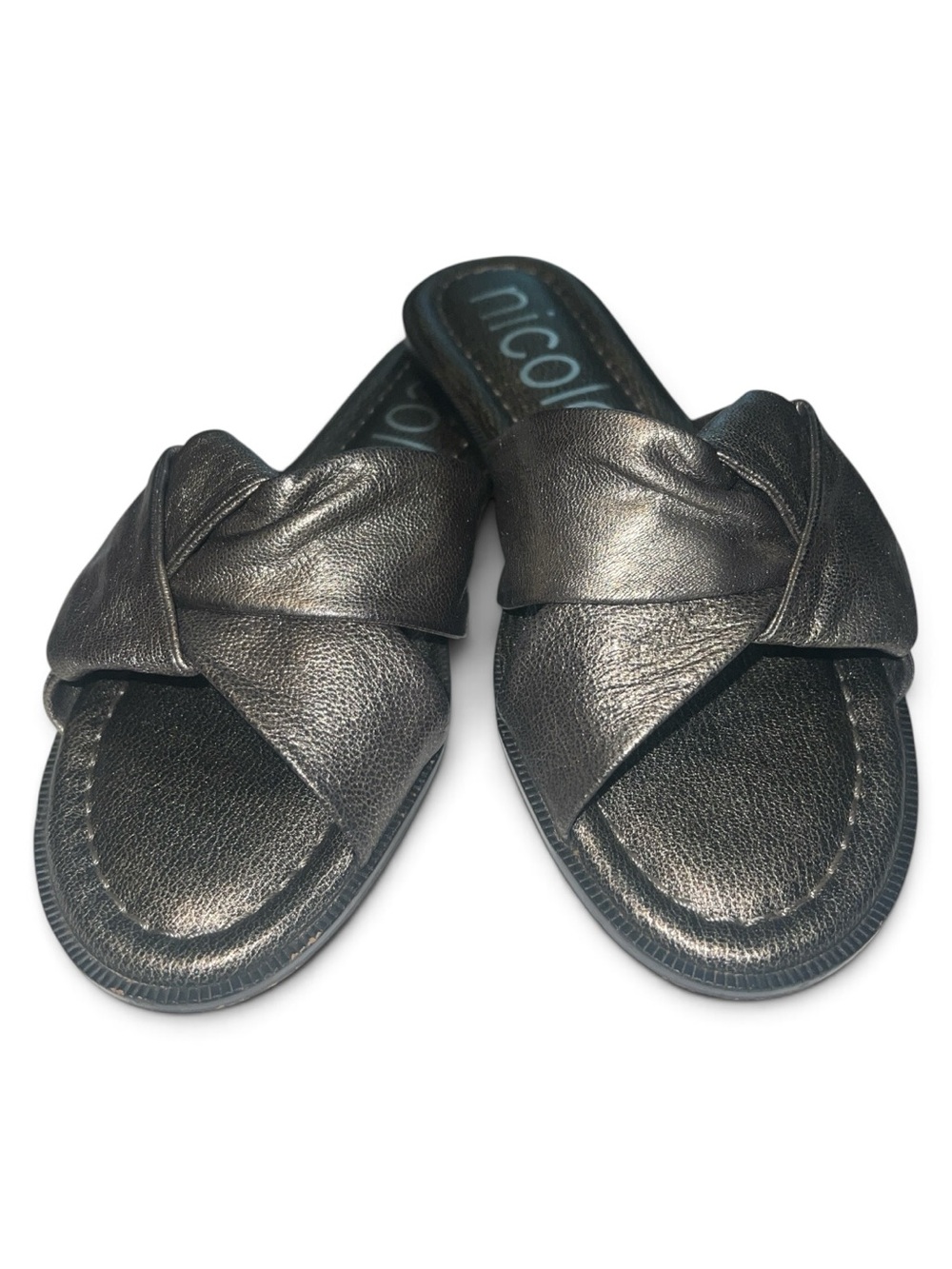 Nicole Effie Metallic Leather Knotted Slide Sandals - Size 8M